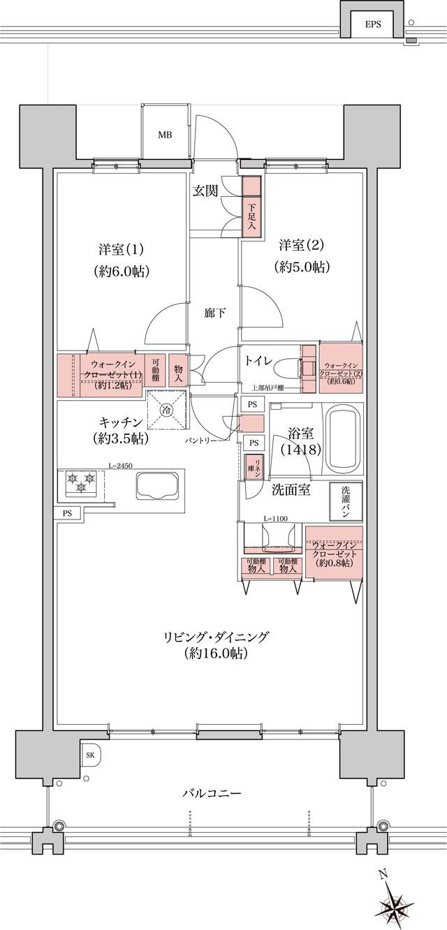 プレディア福山入船町の間取り図　B2：2LDK+3WIC