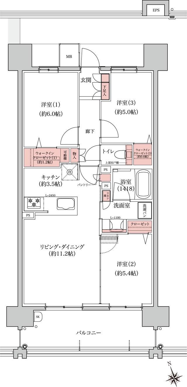 プレディア福山入船町の間取り図　B1：3LDK+2WIC