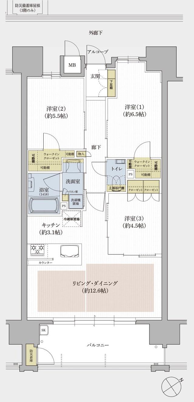 クレアホームズ米子駅ザ・レジデンスの間取り図　C：3LDK