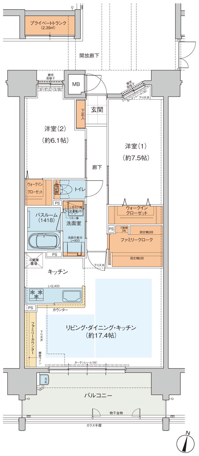 ヴェルディ・ステーションテラス出雲の間取り図　C(menu2)：2LDK+WIC+FC