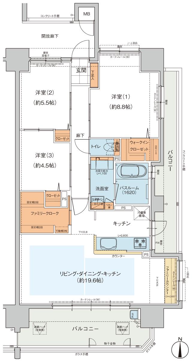 ヴェルディ東朝日町の間取り図　F：3LDK+WIC+FC