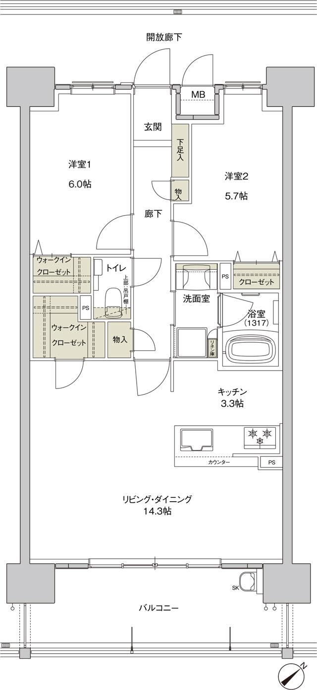 サンズガラリエ中野駅西の間取り図　C(Menu1)：2LDK+2WIC