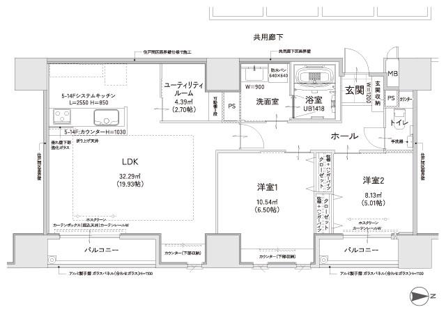 クレイルタワー下関海峡あいらんどの間取り図　ST-E：2LDK+UR