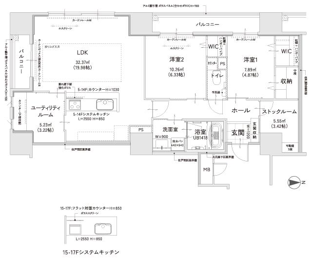 クレイルタワー下関海峡あいらんどの間取り図　SP-C：2LDK+UR+SR