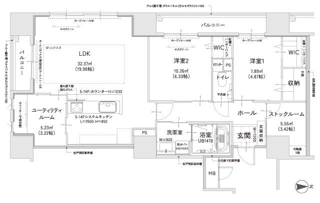 クレイルタワー下関海峡あいらんどの間取り図　CF-C：2LDK+UR+SR