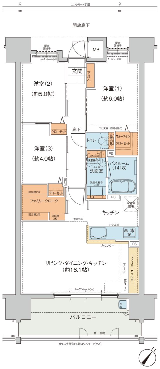 ヴェルディ・クレール春日の間取り図　B：3LDK+WIC+FC