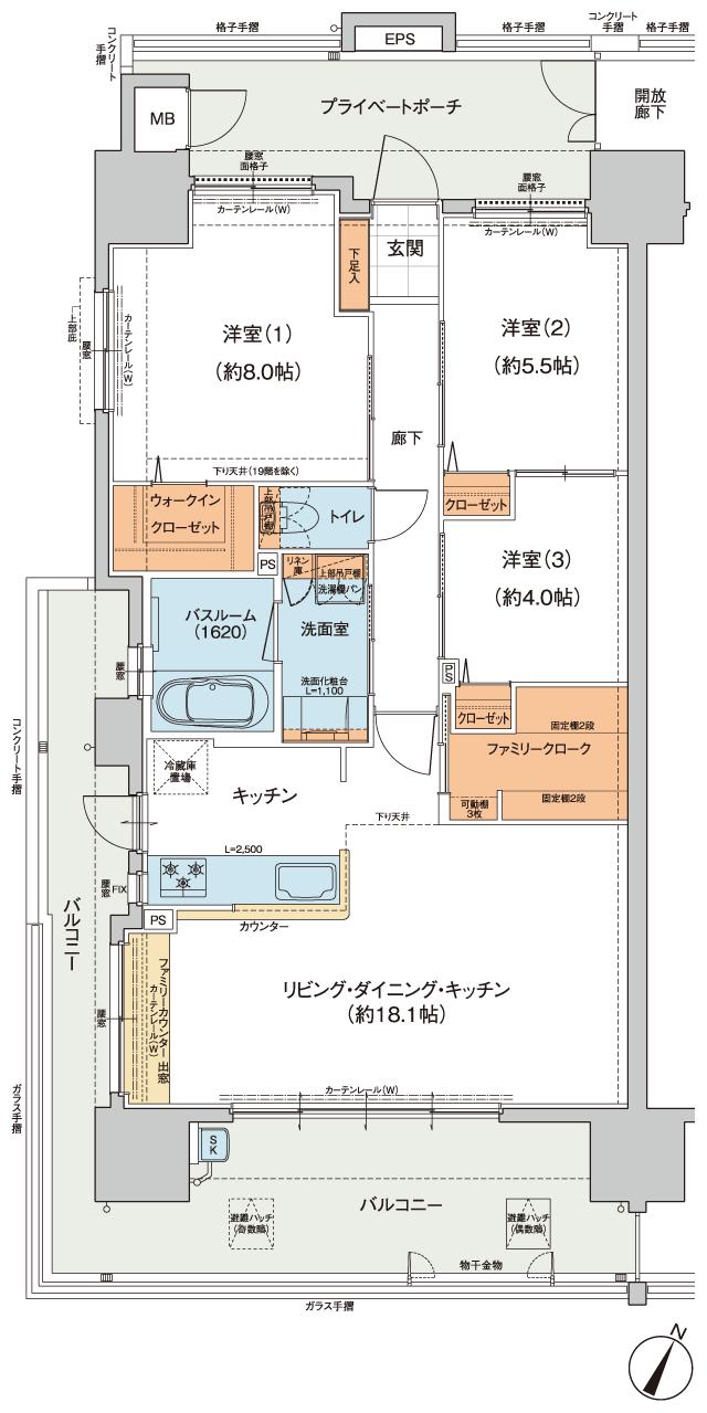 ザ・ステーションタワー海田の間取り図　A：3LDK+WIC+FC