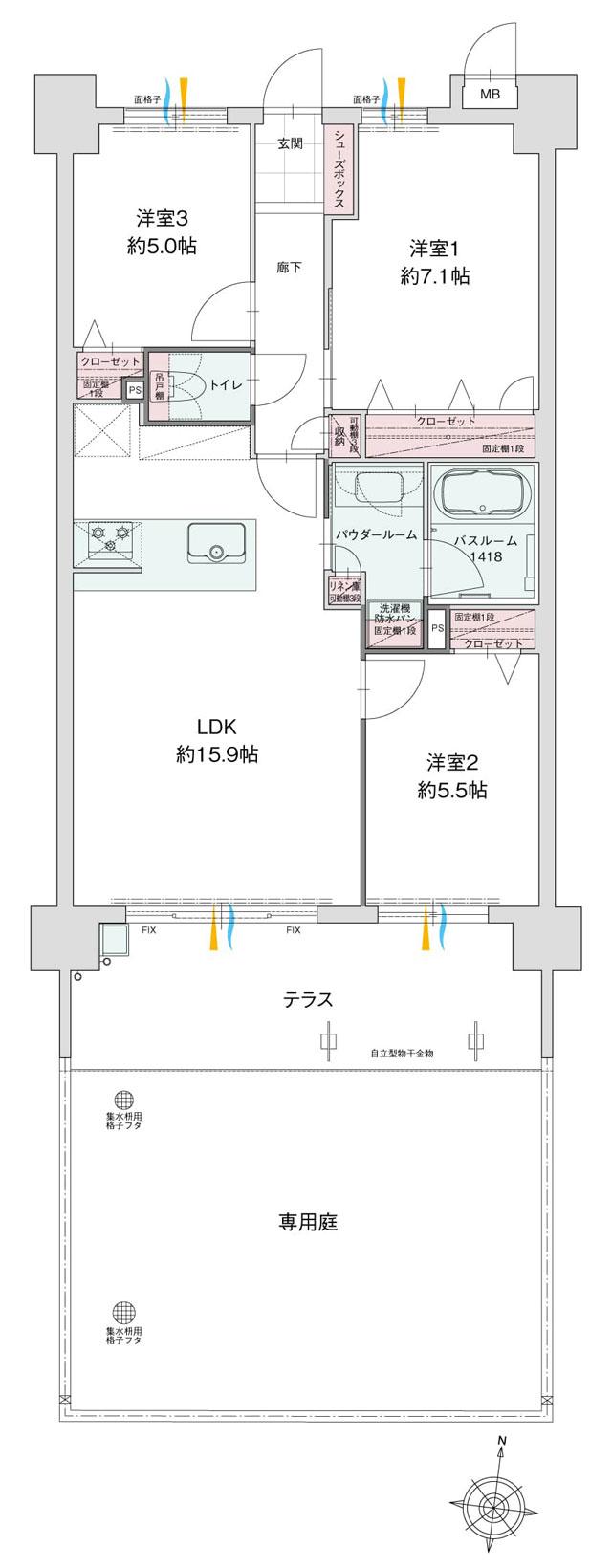 グランフォーレ長府侍町の間取り図　E1：3LDK