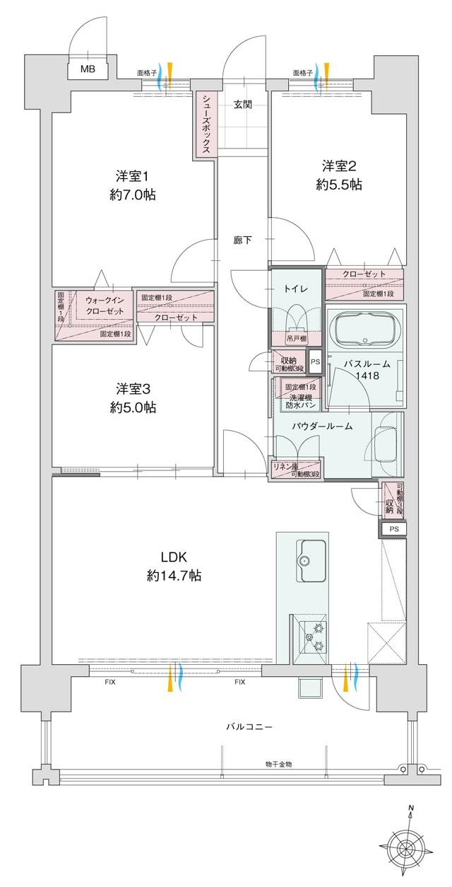 グランフォーレ長府侍町の間取り図　F：3LDK+WIC