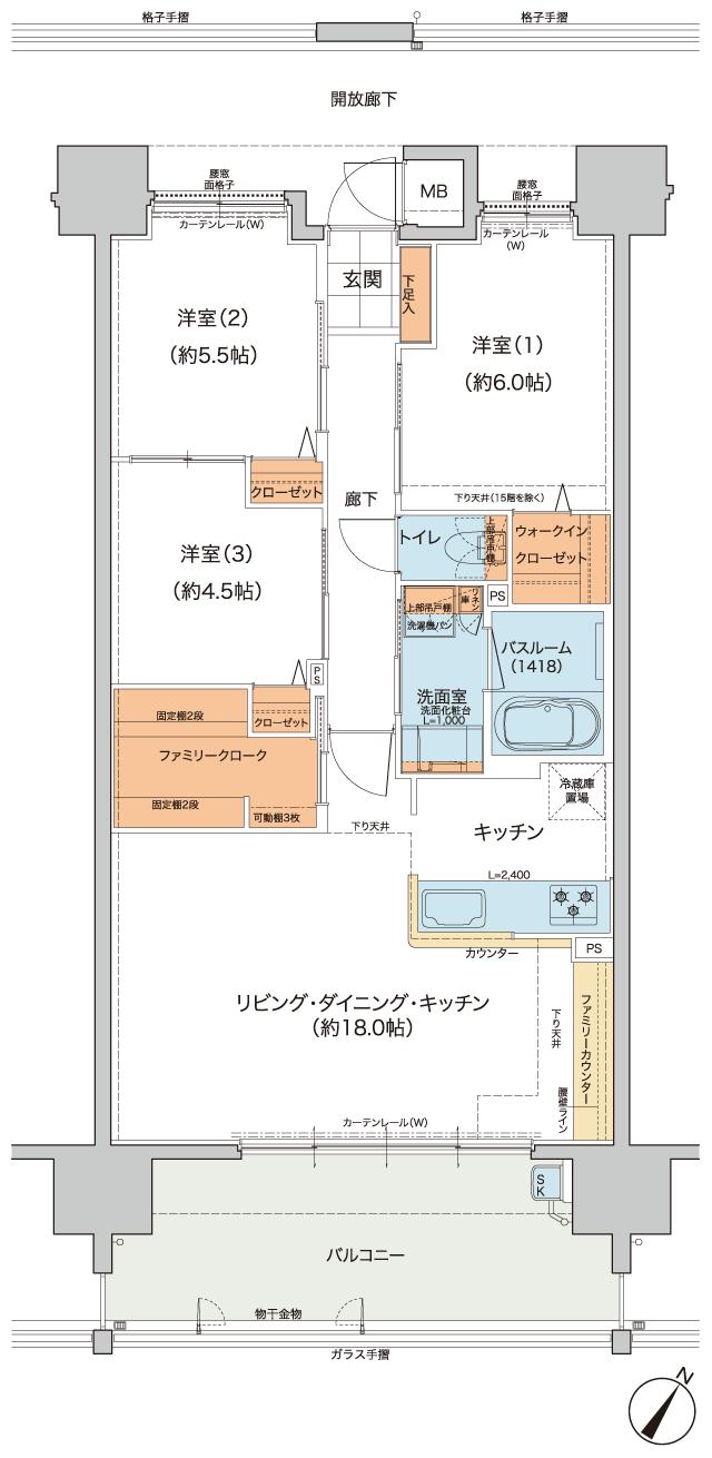 ヴェルディ沖野上［パークテラス］IIの間取り図　E：3LDK+WIC+FC