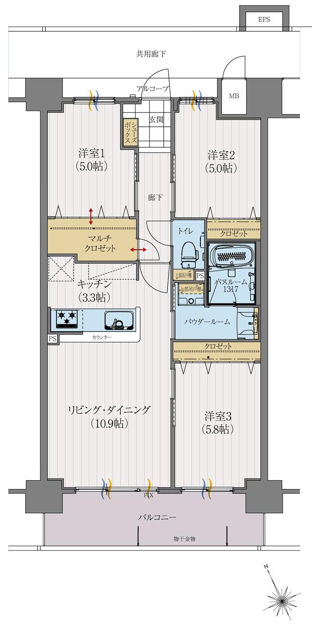 アルファスマート東尾道の間取り図　E：3LDK+マルチクロゼット