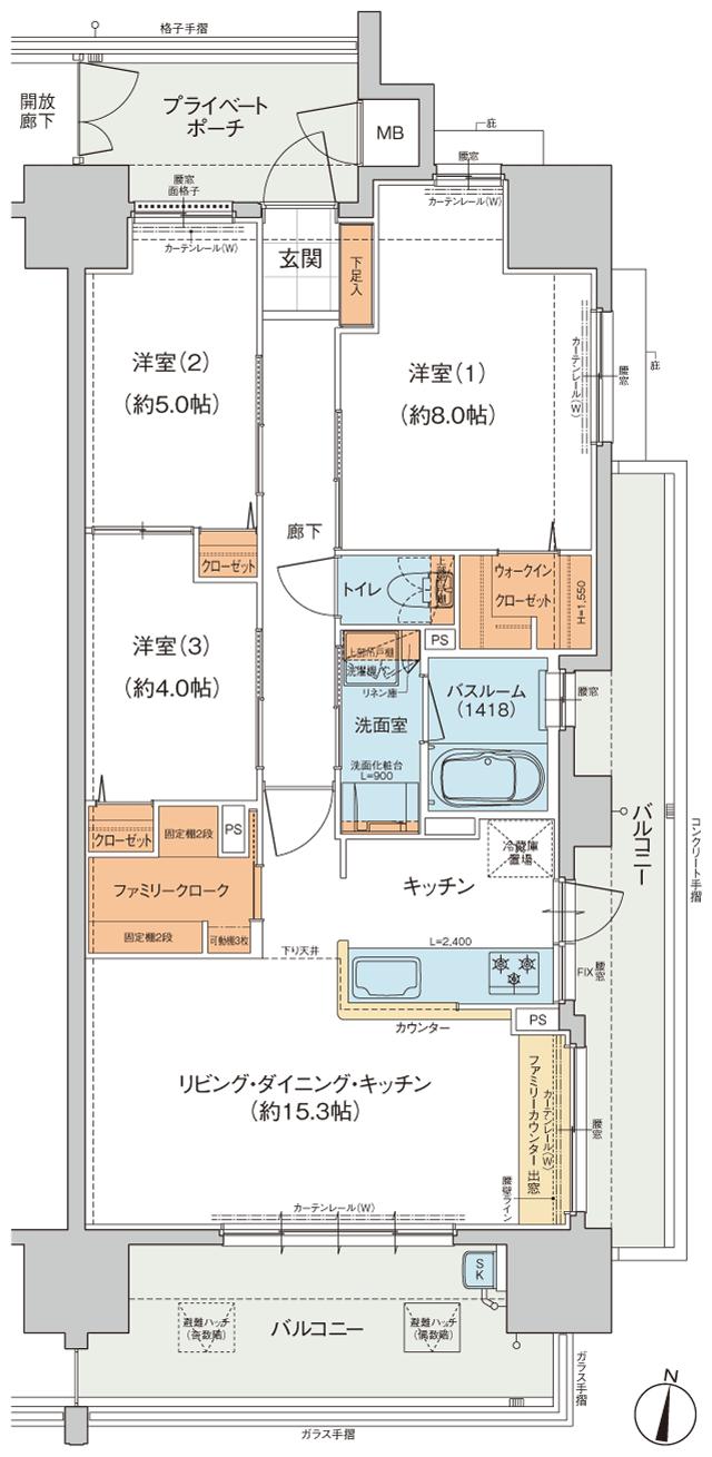ヴェルディ・ザ・タワー楽々園の間取り図　E：3LDK+WIC+FC