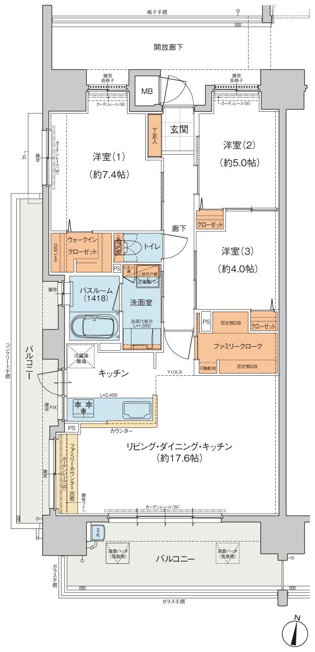 ヴェルディ・ザ・タワー楽々園の間取り図　F：3LDK+WIC+FC