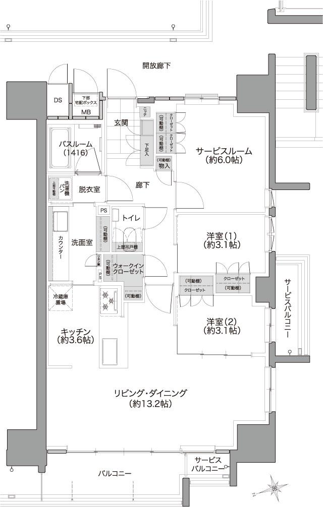 ソシオコート大手町の間取り図　C(メニュー3)：2LDK+S+WIC