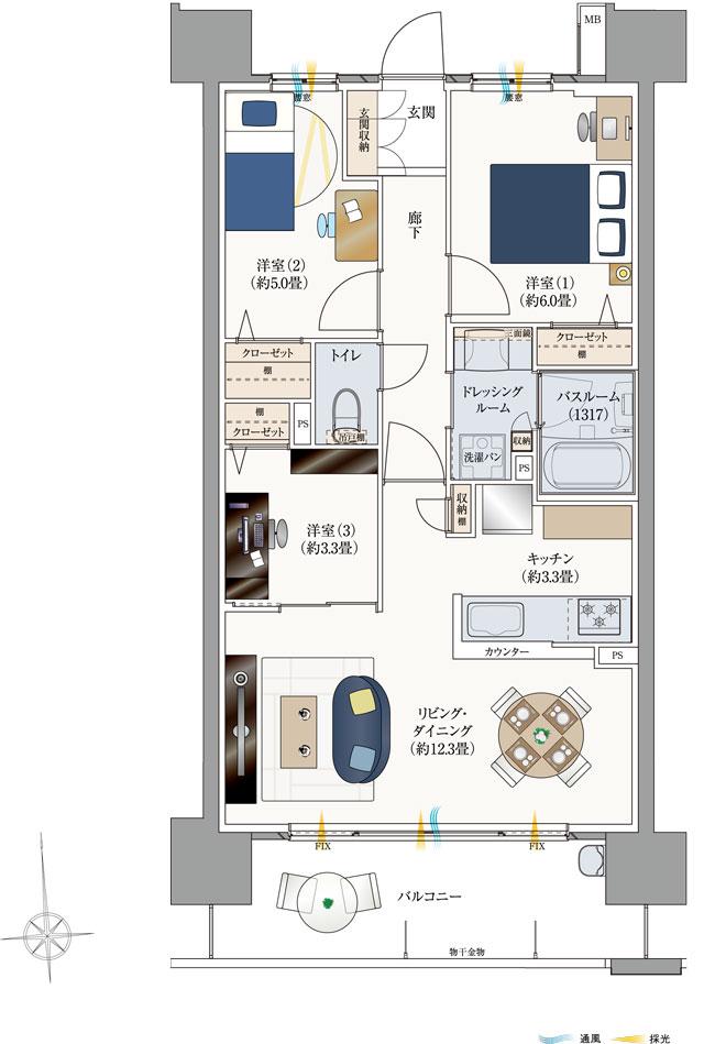 サーパス防府駅マークフロントの間取り図　C：3LDK