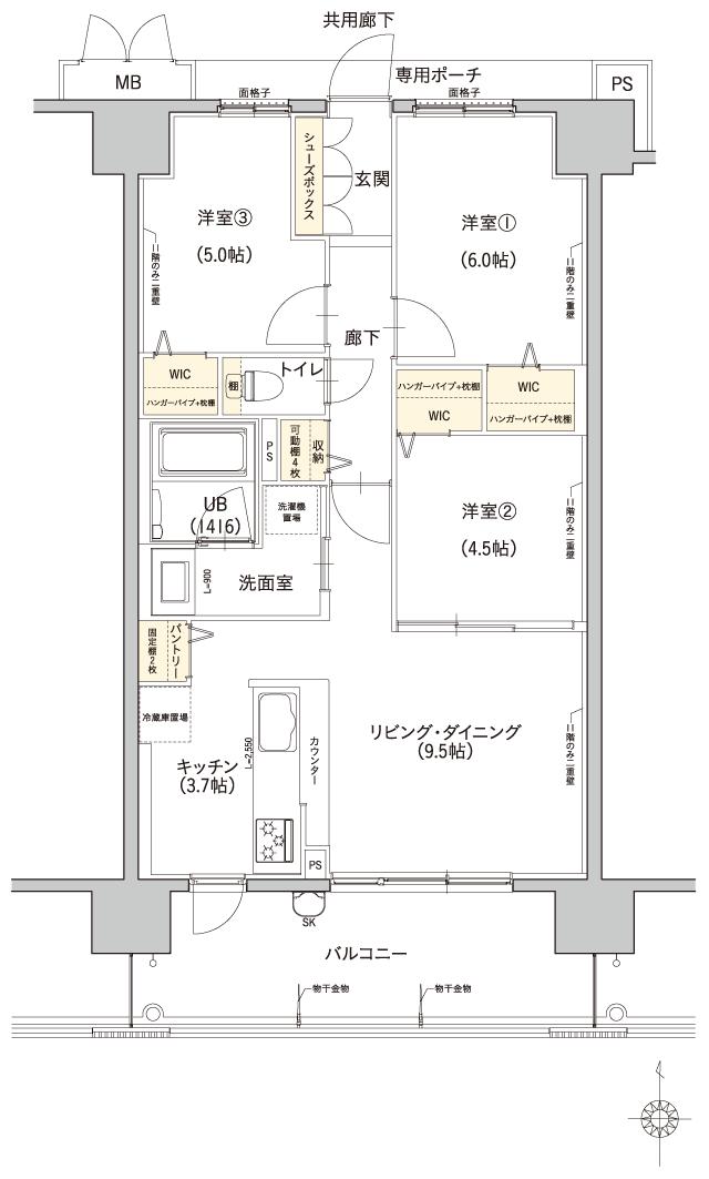 ビ・ウェル平井六丁目の間取り図　B：3LDK+3WIC