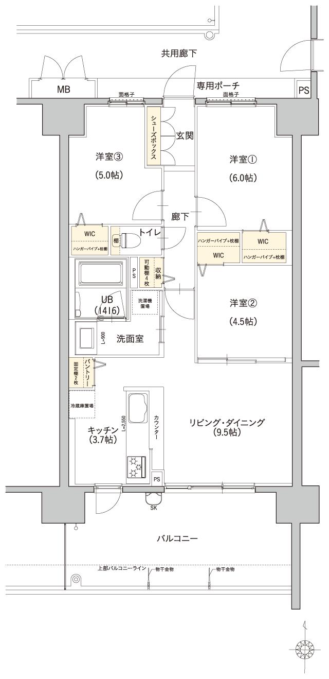 ビ・ウェル平井六丁目の間取り図　B1：3LDK+3WIC