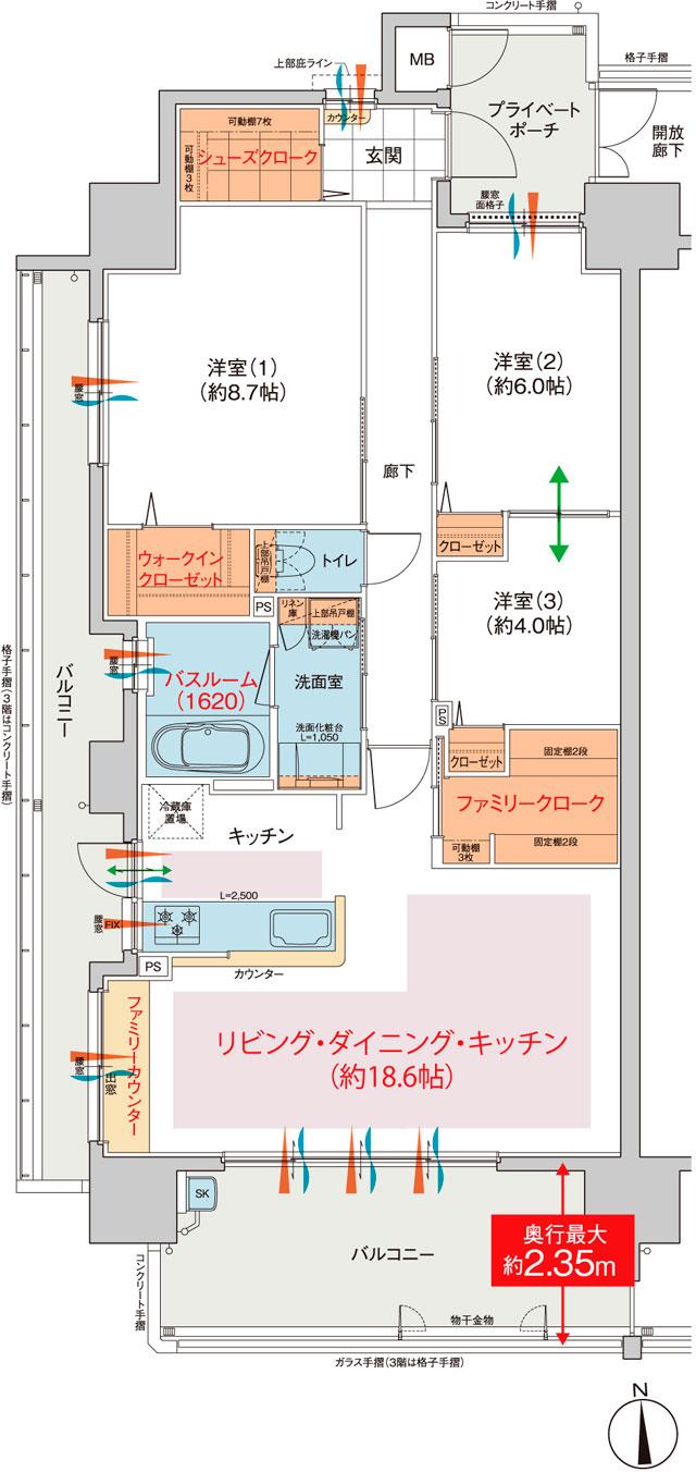 ヴェルディ・ザ・タワー福山の間取り図　A：3LDK+WIC+FC+SC