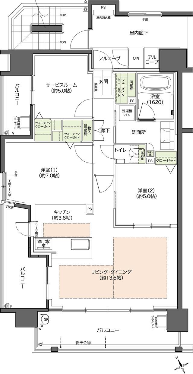 Theフローレンス比治山本町の間取り図　A：2LDK+S+2WIC+SIC
