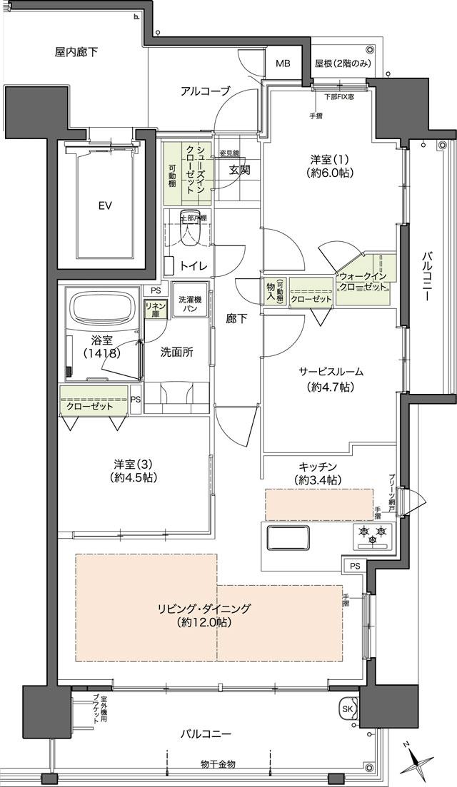 Theフローレンス比治山本町の間取り図　B(2LDK+S)：2LDK+S+WIC+SIC