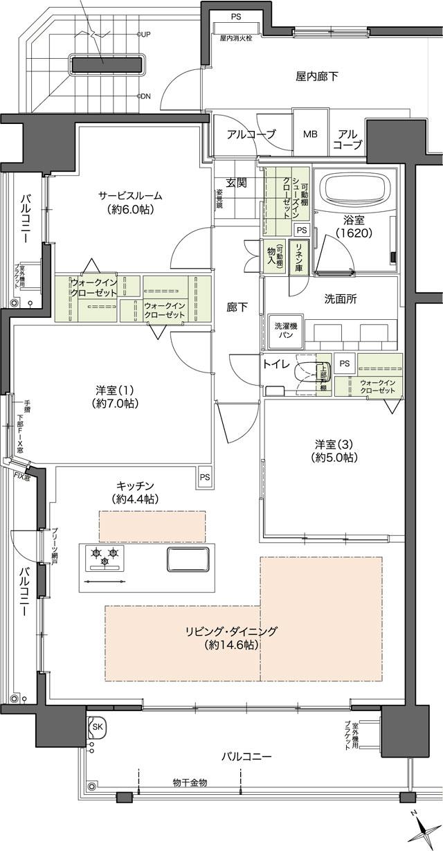 Theフローレンス比治山本町の間取り図　C(2LDK+S)：2LDK+S+3WIC+SIC