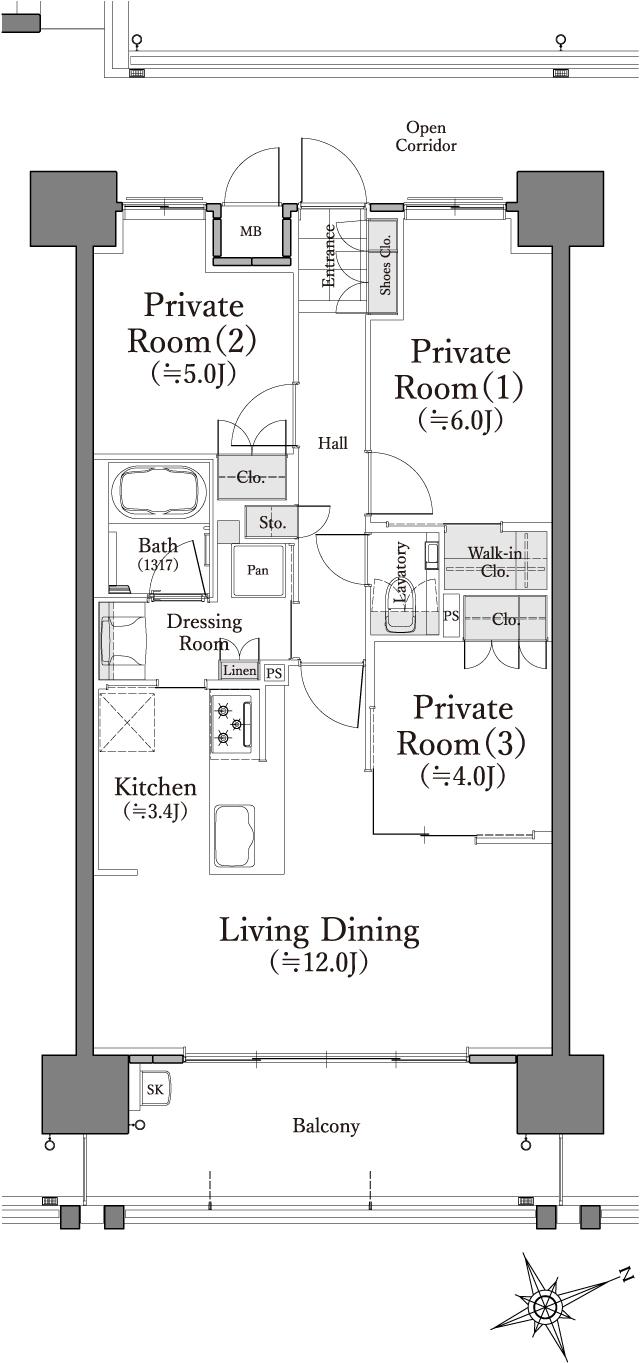 ソシオ西風新都 COMFILL EDITIONの間取り図　SE-J：3LDK+WIC