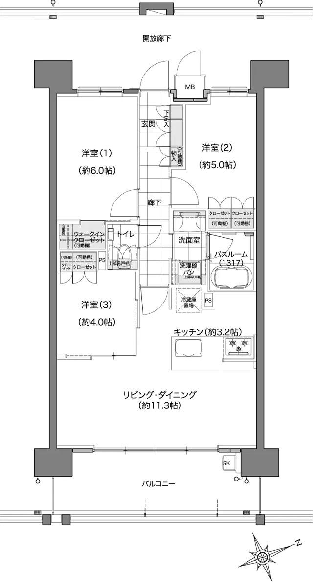 ソシオ西風新都 COMFILL EDITIONの間取り図　EE-K：3LDK+WIC
