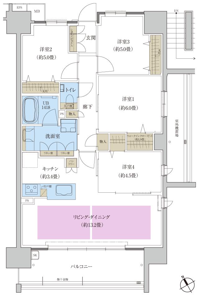 プレディア観音新町プレイスの間取り図　K2：4LDK+WIC