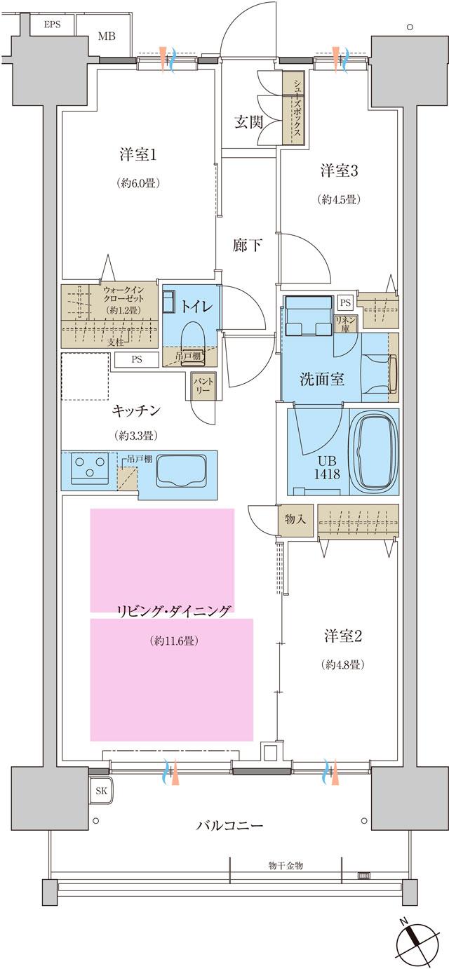 プレディア観音新町プレイスの間取り図　E2：3LDK+WIC