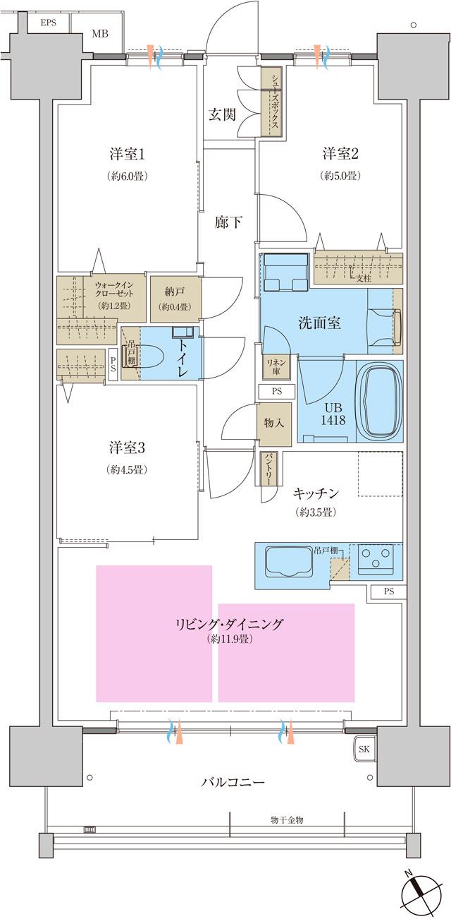 プレディア観音新町プレイスの間取り図　G2：3LDK+WIC+ST
