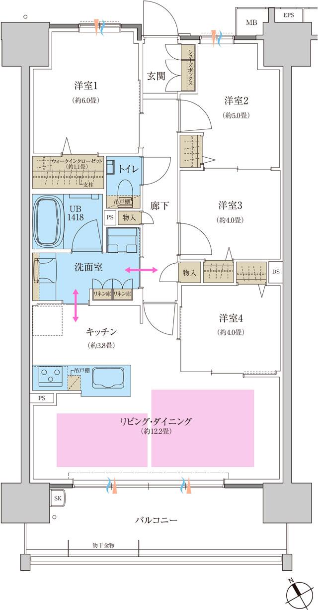 プレディア観音新町プレイスの間取り図　H2：4LDK+WIC