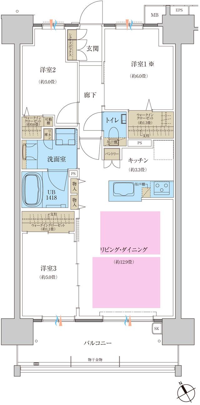 プレディア観音新町プレイスの間取り図　J2：3LDK+3WIC
