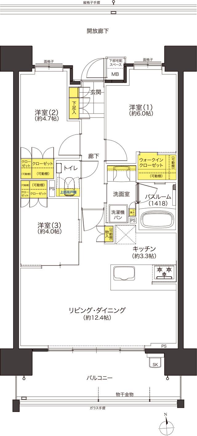 ソシオ宇品御幸の間取り図　H：3LDK+WIC