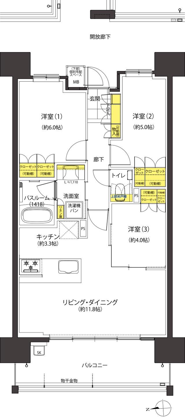 ソシオ宇品御幸の間取り図　B：3LDK