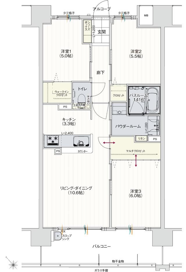 アルファステイツ周陽IIの間取り図　C：3LDK+マルチクロゼット+ウォークインクロゼット