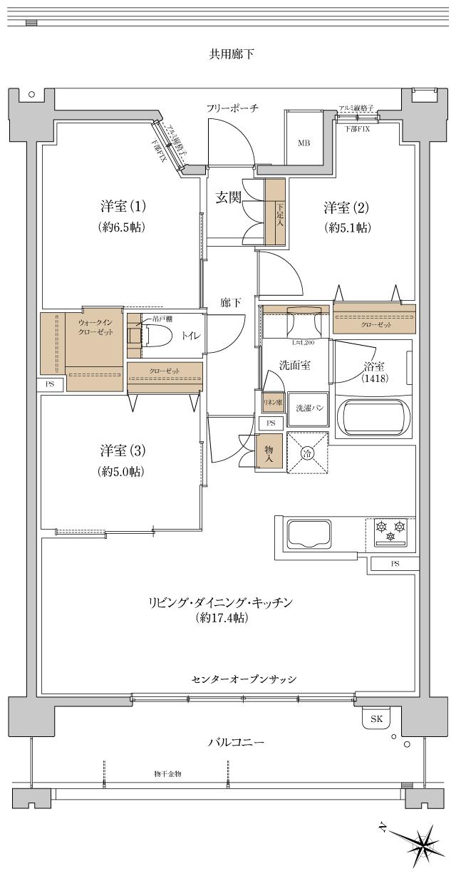 プレディア戸坂の間取り図　C1(3LDK)：3LDK+WIC