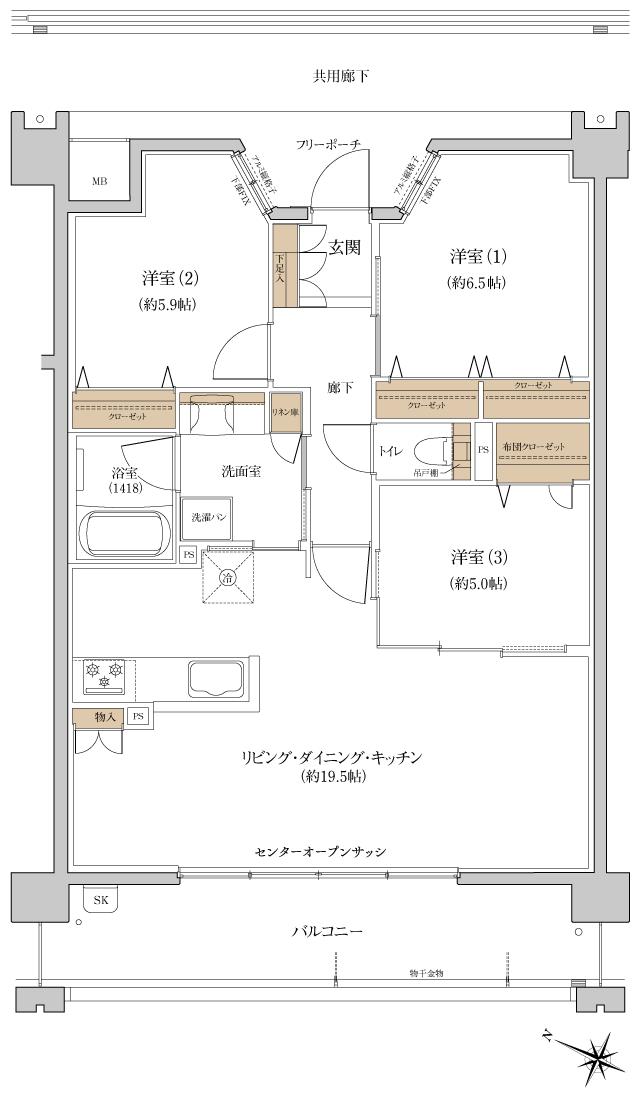 プレディア戸坂の間取り図　F：3LDK＋布団クローゼット