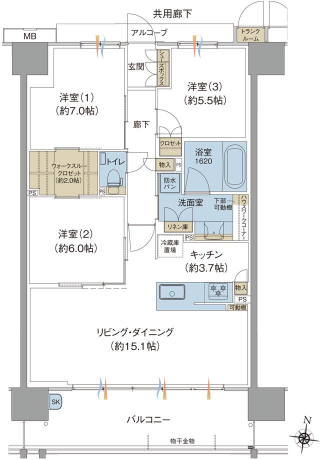 ブランシエラ福山の間取り図　B：3LDK+WTC