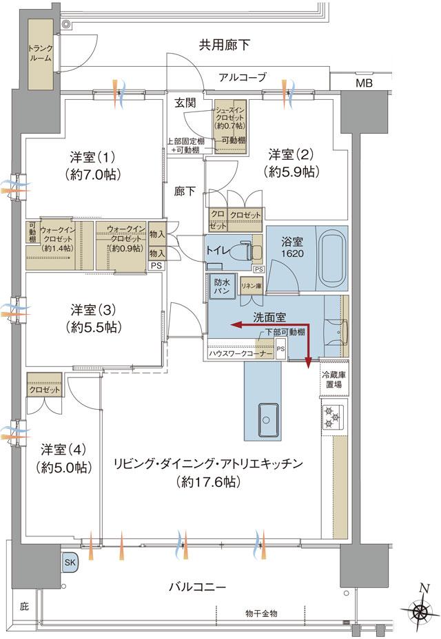 ブランシエラ福山の間取り図　A：4LDK+2WIC