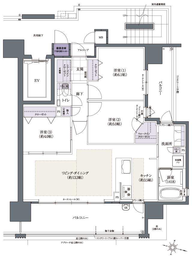 Theフローレンス三之丸西御門の間取り図　A：3LDK+SIC+WIC