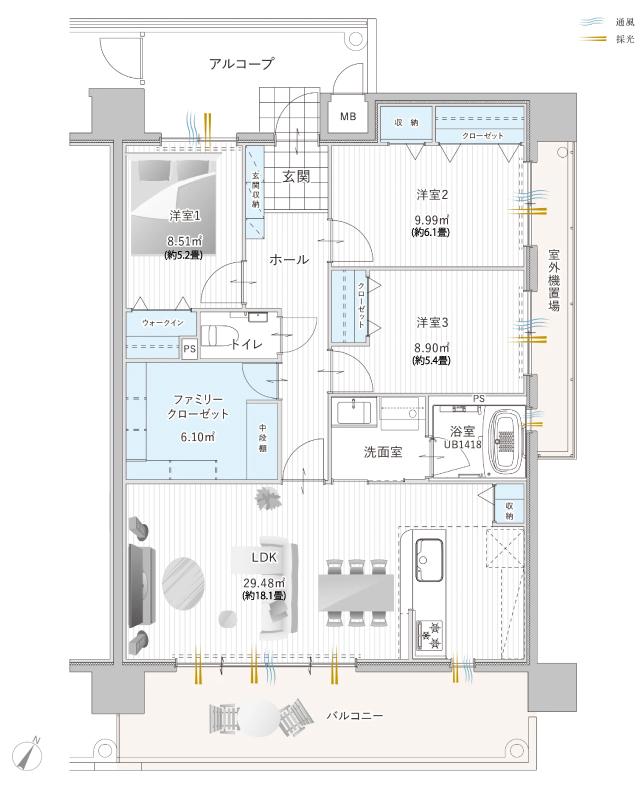 アーデント彦島福浦の間取り図　D(メニュープラン)：3LDK+ファミリークローゼット