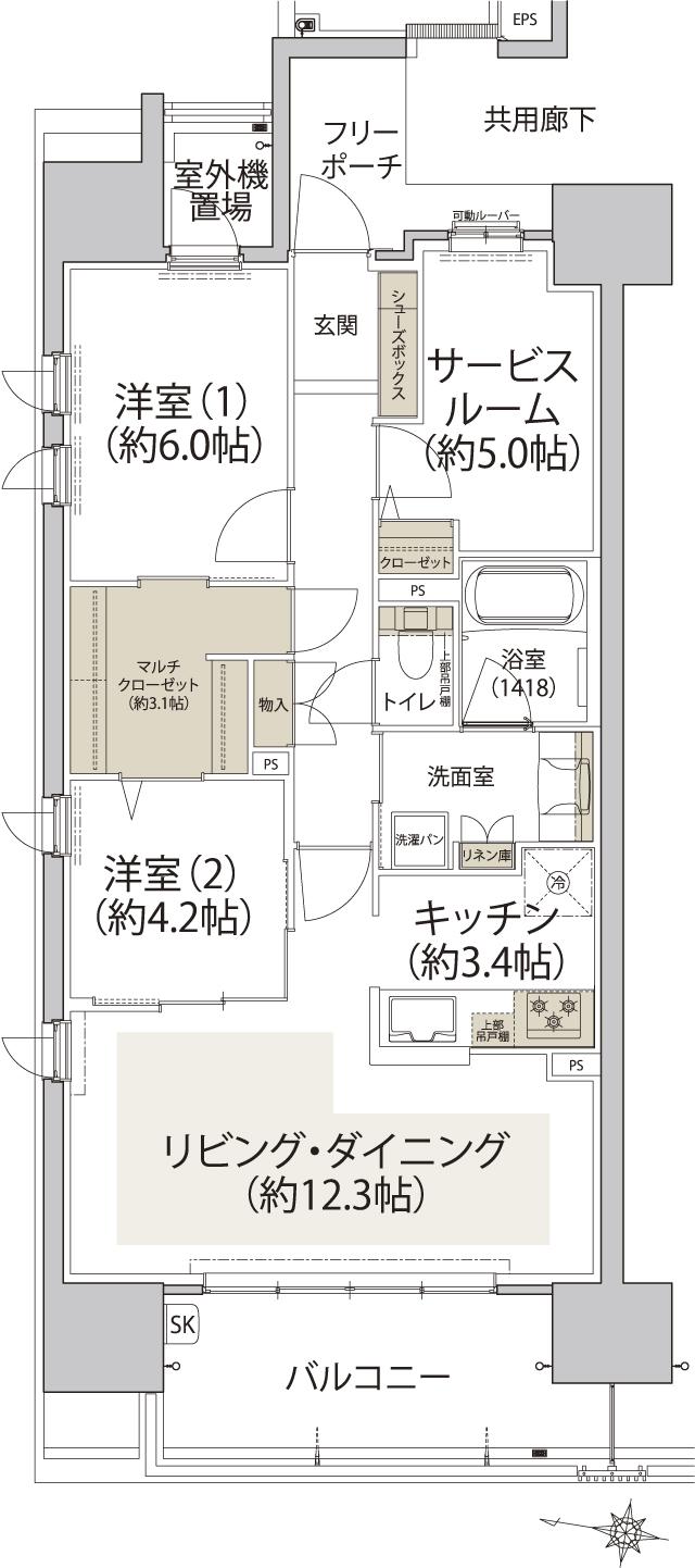 プレディア広島大手町の間取り図　A：2LDK+S+MC