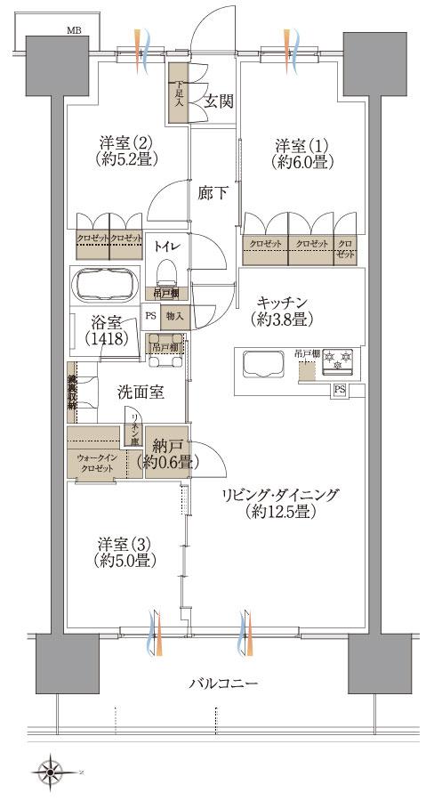 Brillia(ブリリア)岡山中山下の間取り図　G：3LDK+WIC+N