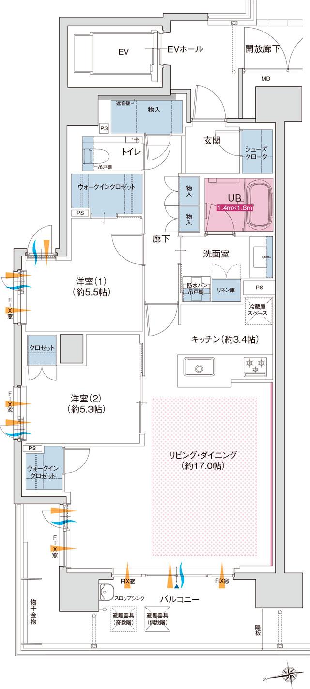 グラディス稲荷町リバークロスの間取り図　D(メニュープラン)：2LDK+ウォークインクロゼット×2+シューズクローク