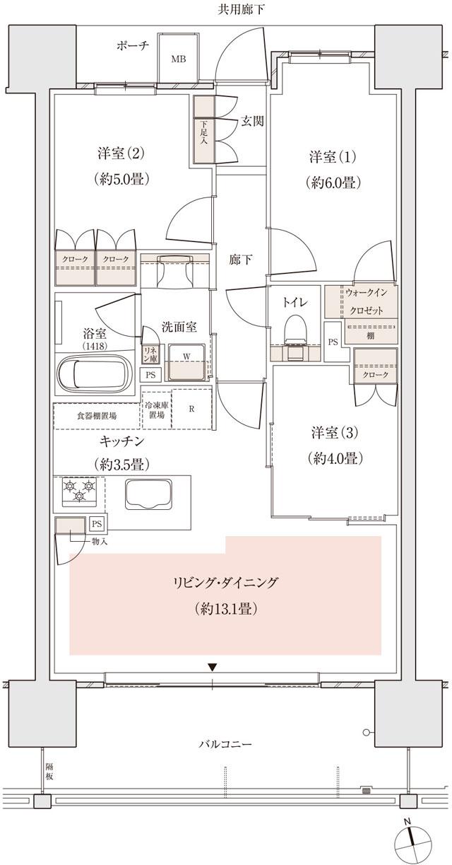 パークホームズ白島の間取り図　A：3LDK+WIC