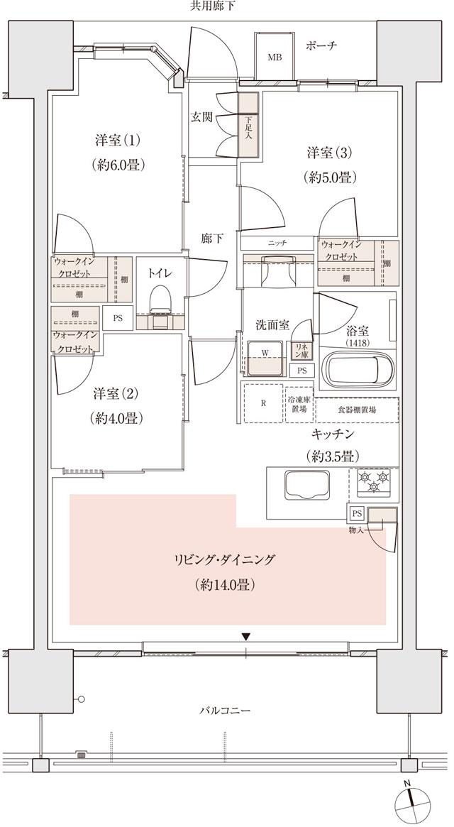 パークホームズ白島の間取り図　B：3LDK+3WIC