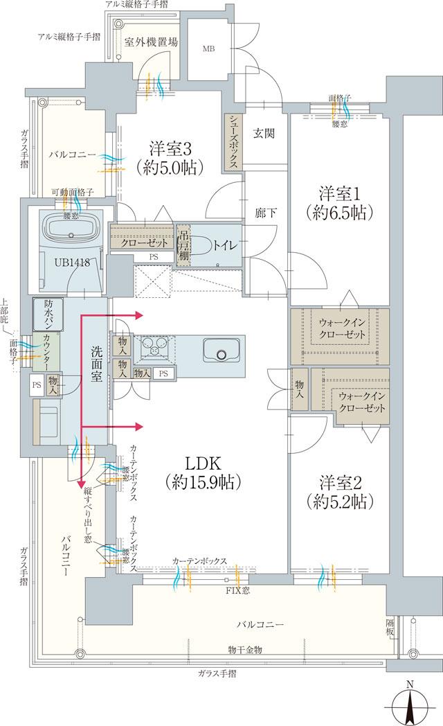 オーヴィジョン岩国麻里布の間取り図　A：3LDK+2WIC