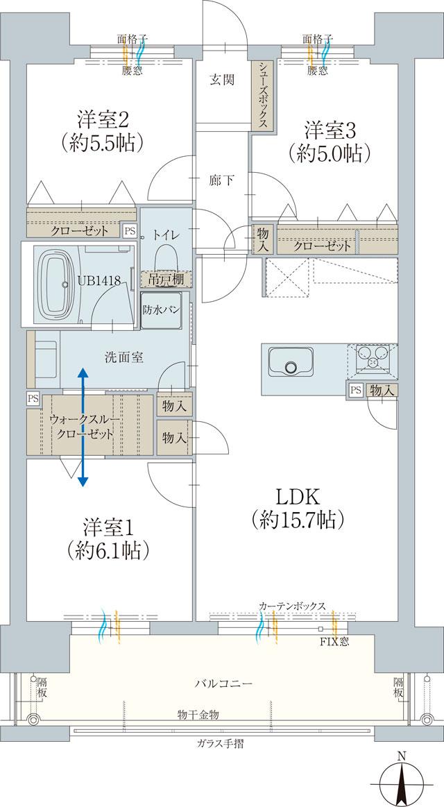 オーヴィジョン岩国麻里布の間取り図　B：3LDK+WTC