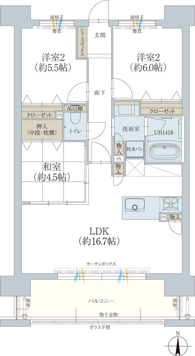 オーヴィジョン岩国麻里布の間取り図　D：3LDK