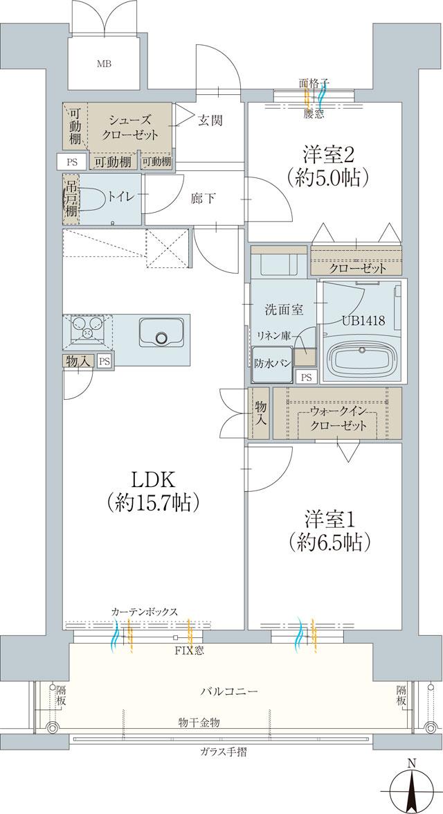 オーヴィジョン岩国麻里布の間取り図　E：2LDK+WIC+SC